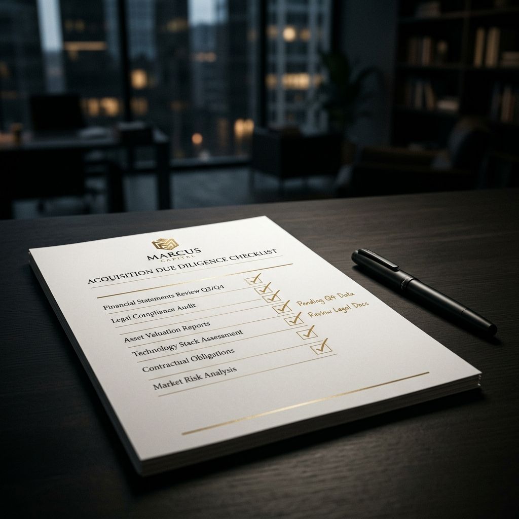 An AI receptionist buyer's checklist being reviewed on a dark desk , editorial composition representing due diligence before purchasing