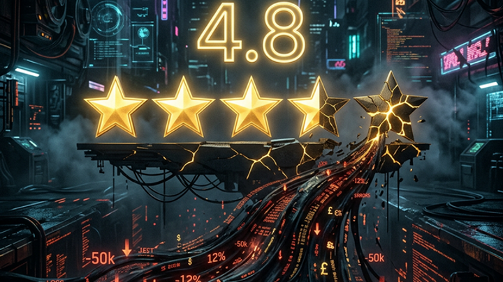 Cracked 5-star Google rating with revenue leaking as data streams, representing local SEO failure in restoration companies