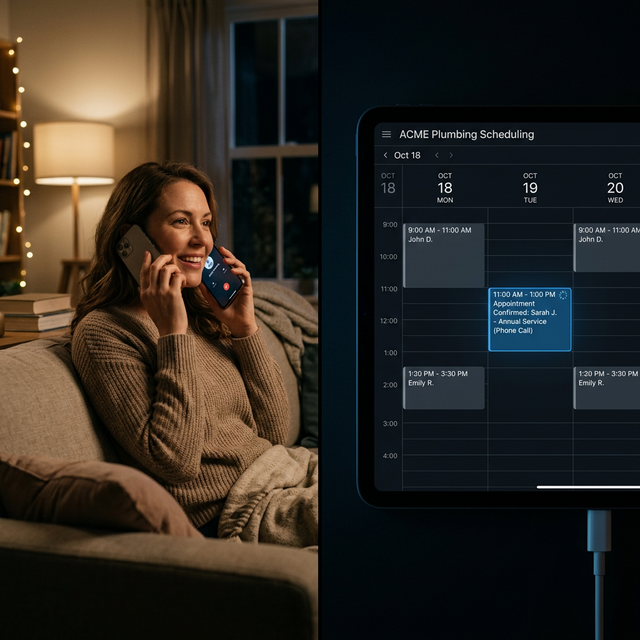 Split scene: a homeowner smiling on her couch at night on the phone, connected to a live plumbing CRM calendar showing her appointment confirming in real time , zero friction, zero hold, booked before she hangs up