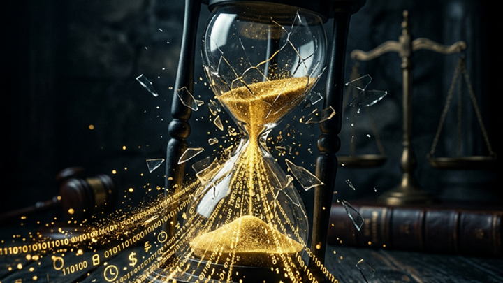 Cracked hourglass with gold sand and legal scales in a dark setting, representing the 5-minute lead response window in personal injury law