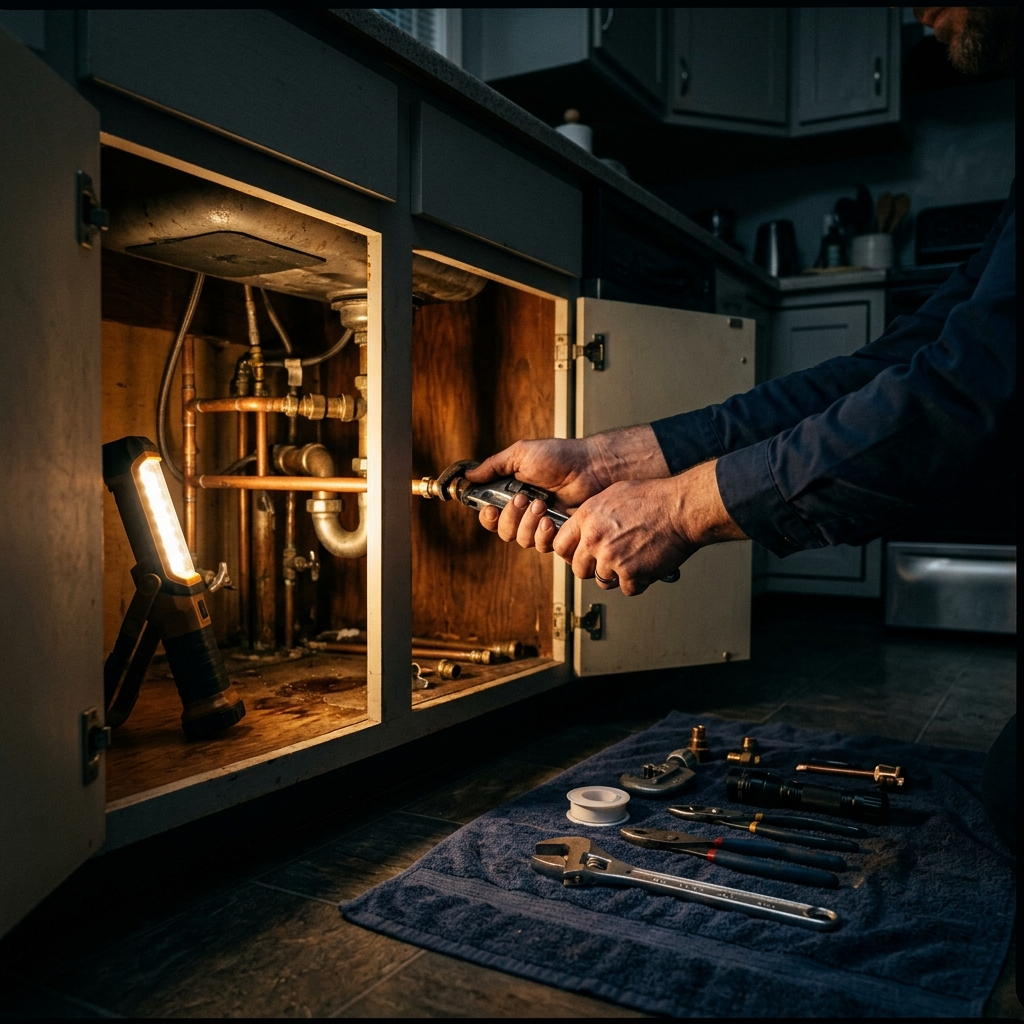 A plumber's hands working under a kitchen sink late at night, a work flashlight illuminating copper pipes and fittings inside the open cabinet, tools laid out on a towel on the dark kitchen floor, communicating emergency plumbing work being done at an unusual hour