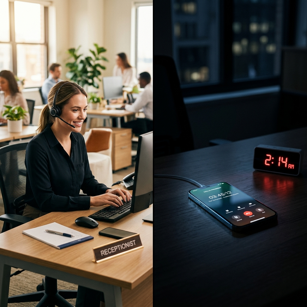 Split diptych image showing a professional receptionist at a bright daytime office desk on the left, and a smartphone glowing with an active call on a dark desk at 2:14 AM with no human present on the right — illustrating 9-to-5 human coverage versus 24-hour AI coverage