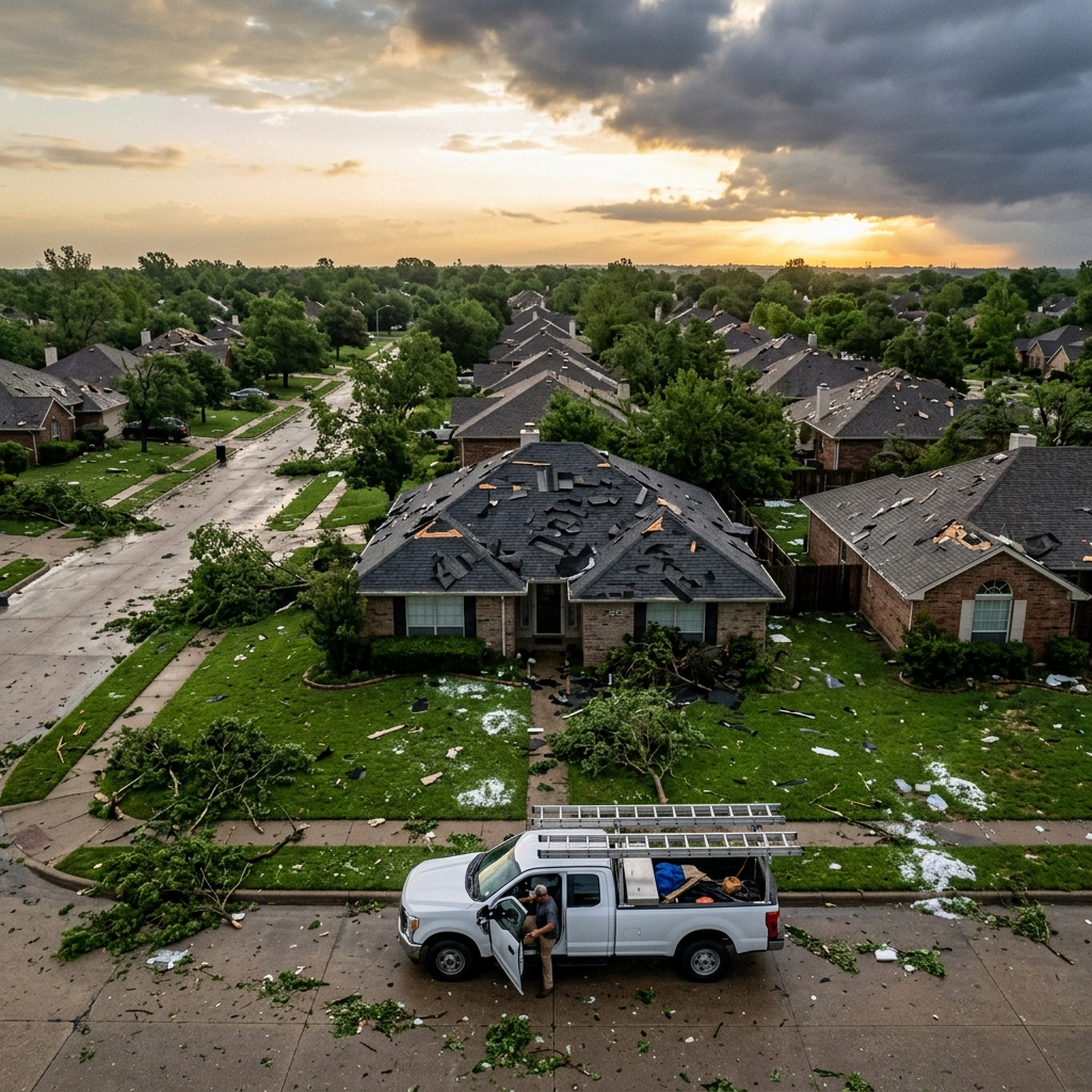 Aerial view of a residential neighborhood after a hailstorm showing displaced shingles on a roof in the center, storm debris scattered on lawns, breaking storm clouds with dawn light, and a white roofing contractor truck arriving on the street with a ladder in the truck bed