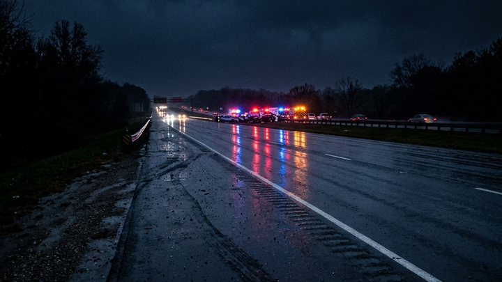 Cinematic dark editorial photograph. A dramatic wide-angle view of a US highway at night with emergency lights visible in the distance.