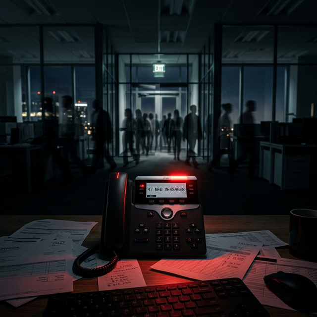 Dark office at 2 AM with a phone showing 47 new messages and ghosted silhouettes of callers walking away through the exit