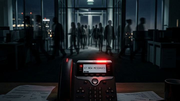 Dark office at 2 AM with a phone showing 47 new messages and ghosted silhouettes of callers walking away through the exit