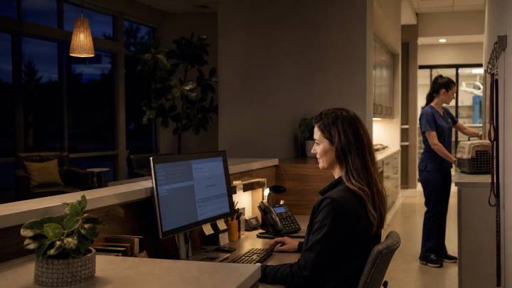 A veterinary client-service coordinator reviews an after-hours call brief while a veterinary technician prepares the next handoff