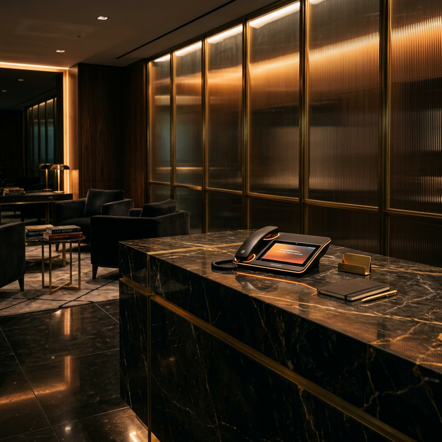 An unmanned high-end law firm reception desk with dark marble and gold accents as the phone glows with an incoming call notification