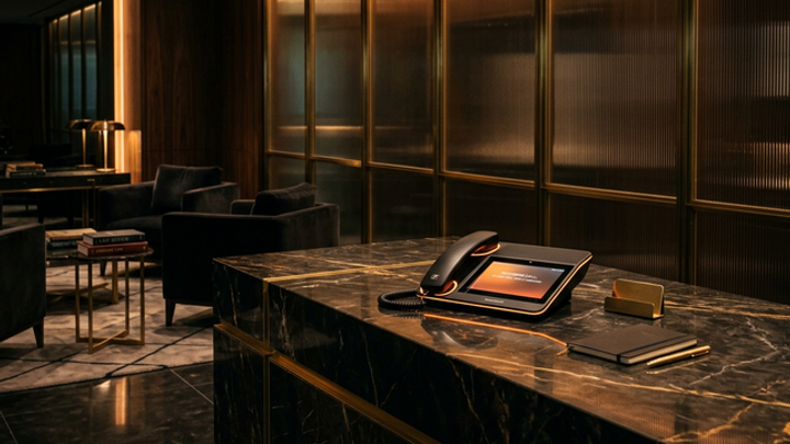 An unmanned high-end law firm reception desk with dark marble and gold accents as the phone glows with an incoming call notification