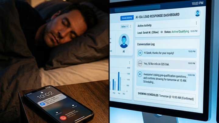Split scene: A sleeping agent with a 10:02 PM Zillow lead notification going unanswered on the nightstand. On the right, an AI ISA dashboard showing the same lead engaged at 10:03 PM, qualification complete, showing scheduled for next morning.