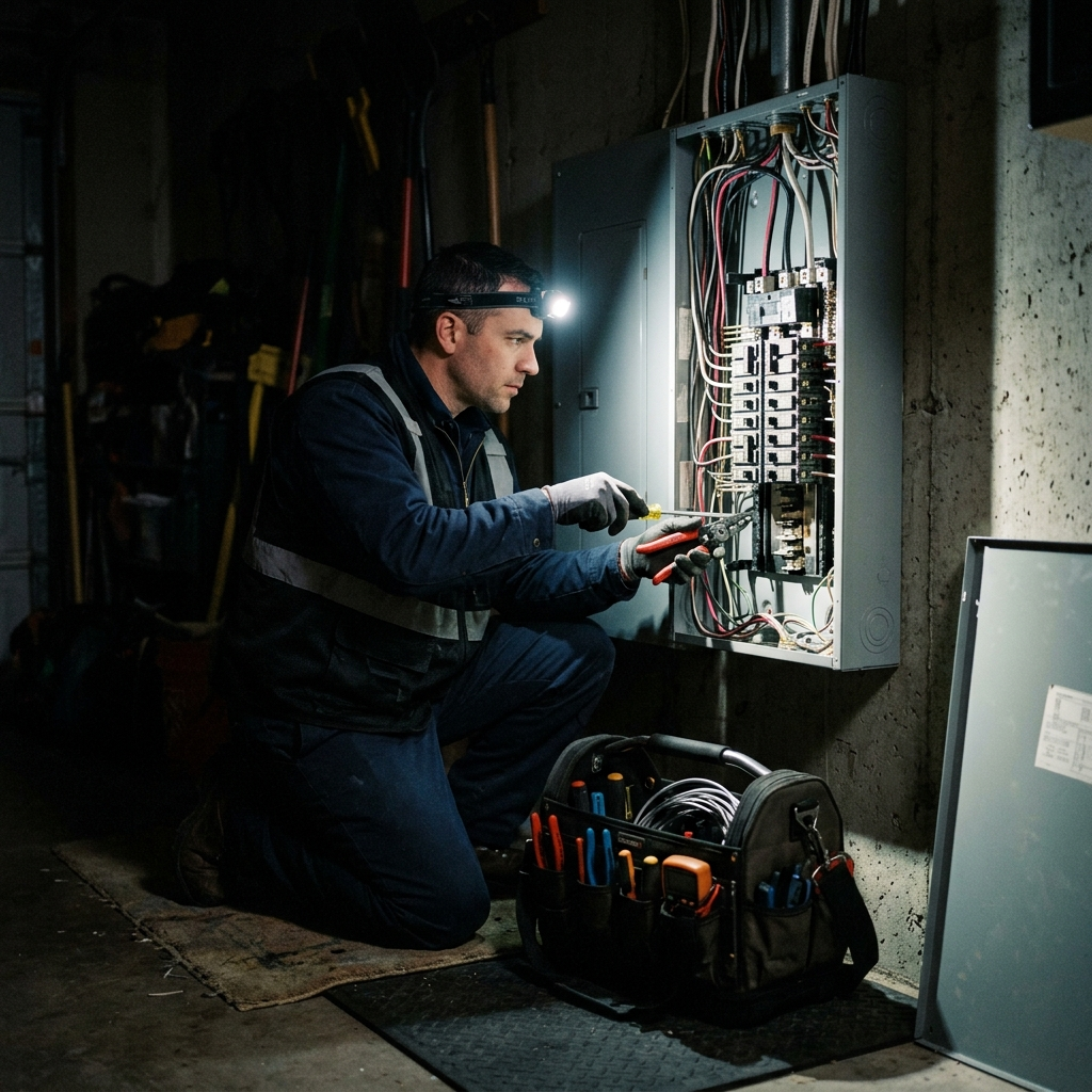 An electrician in a safety vest kneeling in front of an open residential electrical panel at night, headlamp casting a focused white beam across the circuit breakers and wiring, tool bag on the floor beside them, communicating emergency electrical work being done in the dark when others were not answering