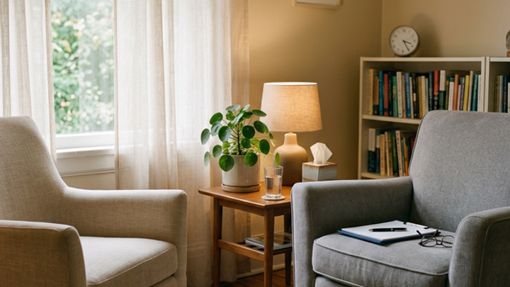 A warmly lit therapist office with two empty chairs facing each other, a notepad on the therapist chair, and natural window light suggesting an appointment that was missed