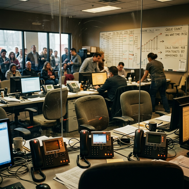 Busy service business office with multiple phones ringing unanswered, empty chairs, and a whiteboard showing abandoned call count of 51