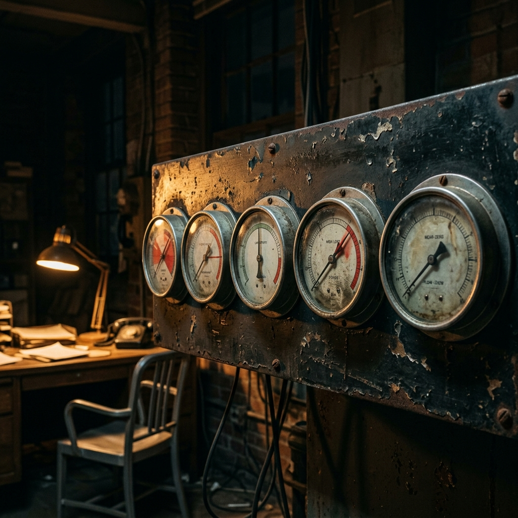 Five vintage analog signal gauges mounted on a weathered industrial panel, needles in varying positions deep in the red zone, in a dimly lit back office with amber task lighting — the diagnostic panel of a leaking business