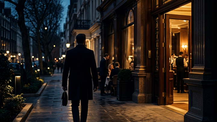 High-net-worth client walking away from a luxury establishment at dusk, representing the silent departure due to trust failures