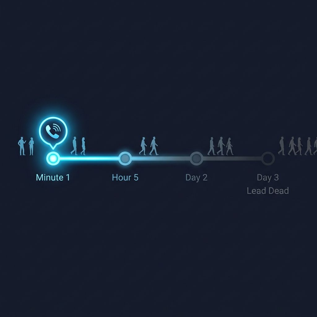 Lead response timeline showing decay from Minute 1 through Day 3 when lead is dead