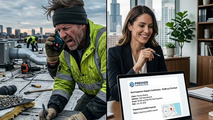 Split screen showing a roofer yelling into a phone on a windy flat roof, contrasted with a sharply dressed commercial property manager reviewing a digital AI dispatch brief in a corporate office.