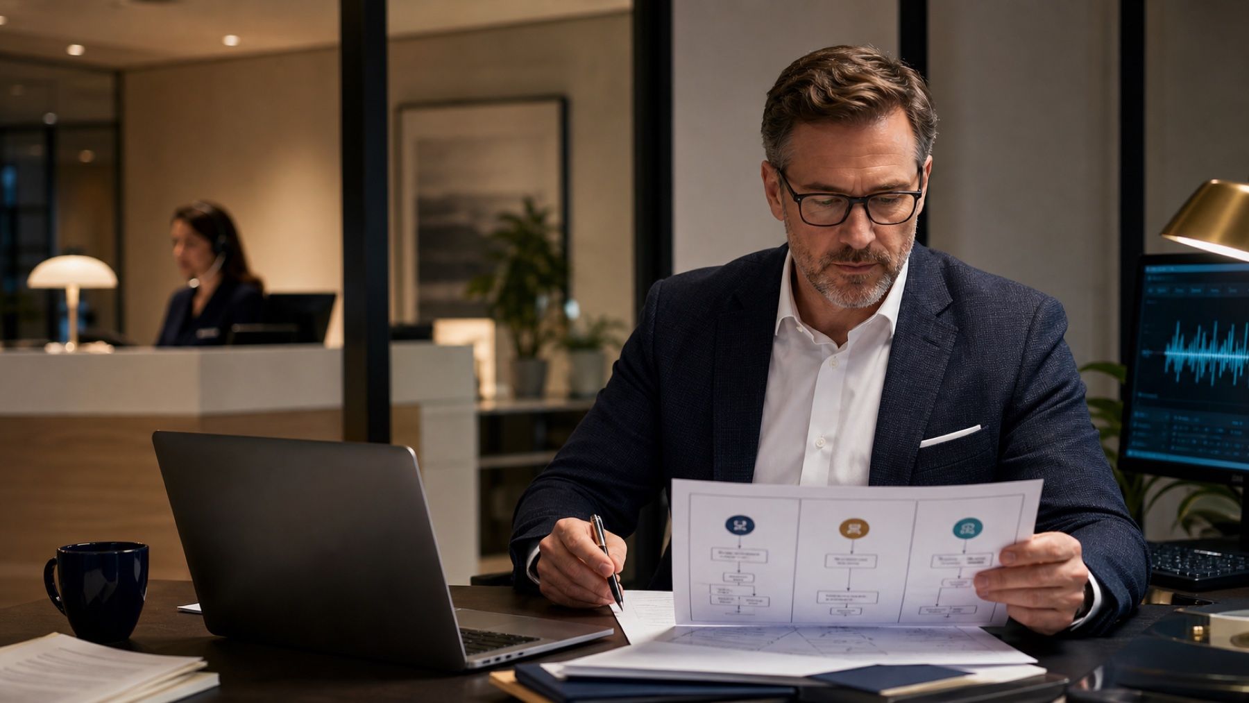 A professional firm leader compares human, AI, and hybrid call coverage paths while a receptionist works nearby and a call waveform appears on screen