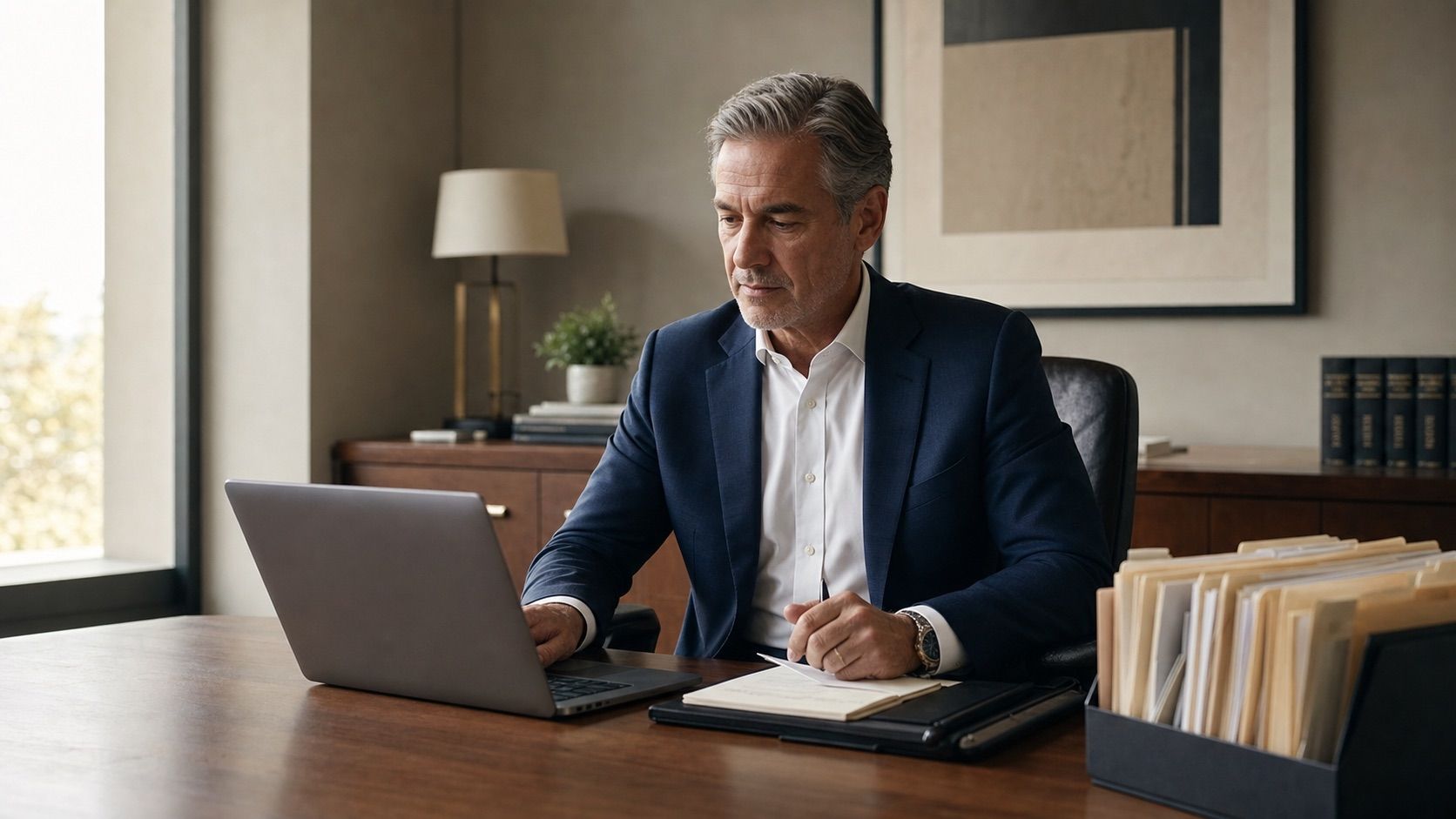 A senior accounting professional reviews a new-client intake summary at a laptop in a calm, organized private office.