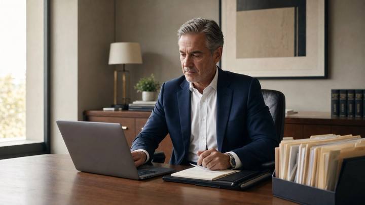 A senior accounting professional reviews a new-client intake summary at a laptop in a calm, organized private office.