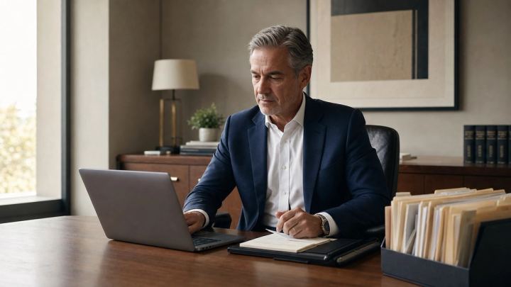A senior accounting professional reviews a new-client intake summary at a laptop in a calm, organized private office.