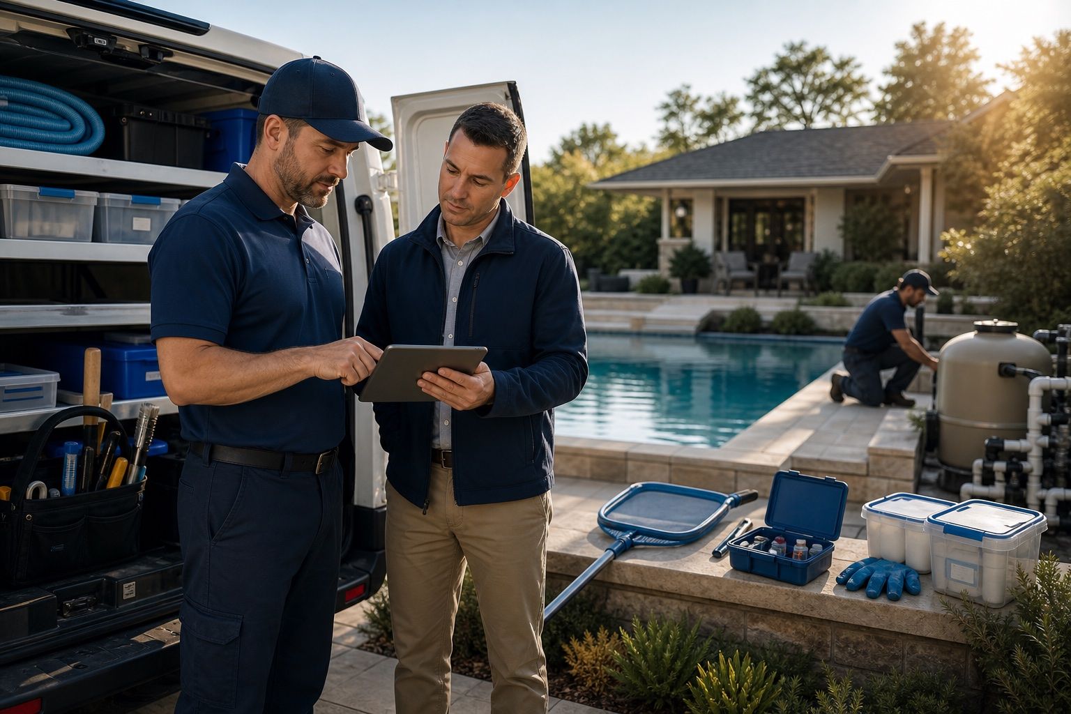 A pool service technician and operations manager review the day's route beside an organized service van and residential pool