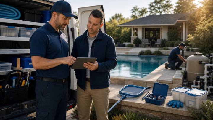 A pool service technician and operations manager review the day's route beside an organized service van and residential pool