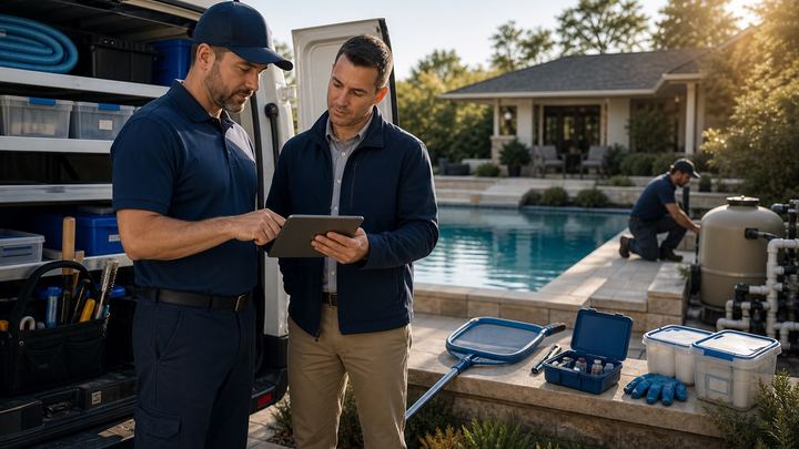A pool service technician and operations manager review the day's route beside an organized service van and residential pool