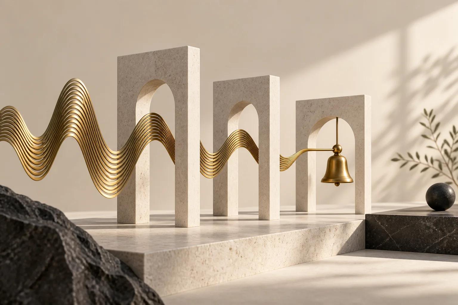 Brass sound waves passing through stone arches toward a bell, illustrating AI receptionist readiness.
