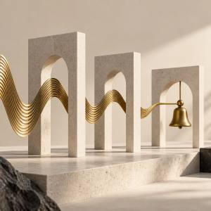 Brass sound waves passing through stone arches toward a bell, illustrating AI receptionist readiness.