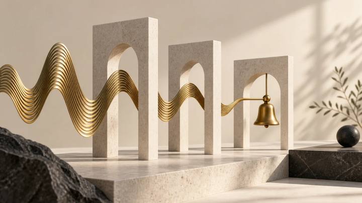 Brass sound waves passing through stone arches toward a bell, illustrating AI receptionist readiness.