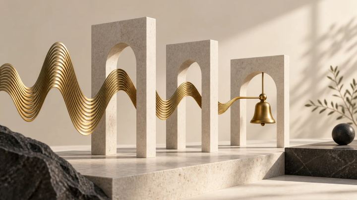 Brass sound waves passing through stone arches toward a bell, illustrating AI receptionist readiness.