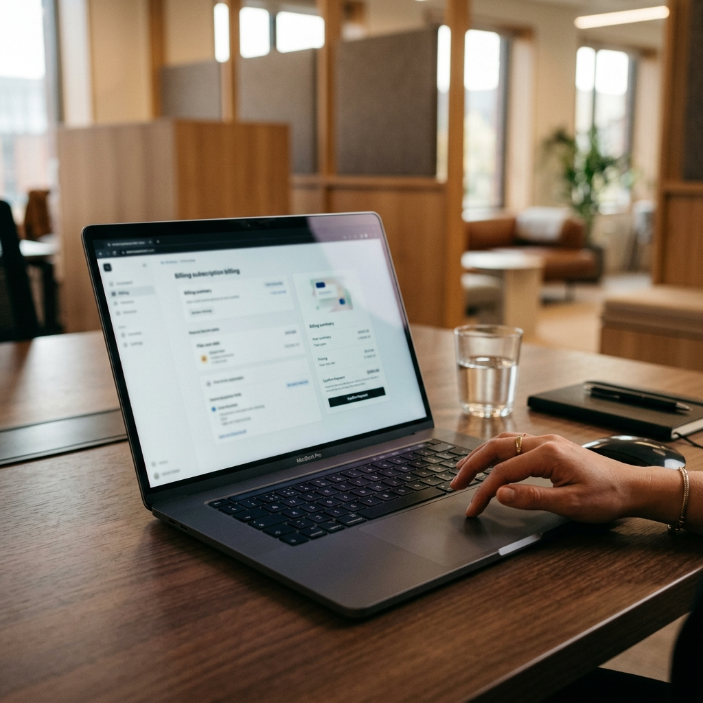 Service business owner reviewing AI receptionist pricing at their desk