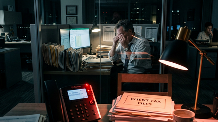 A late-night accounting firm office during tax season, showing an exhausted CPA in the background and a blinking voicemail light on a desk phone in the foreground