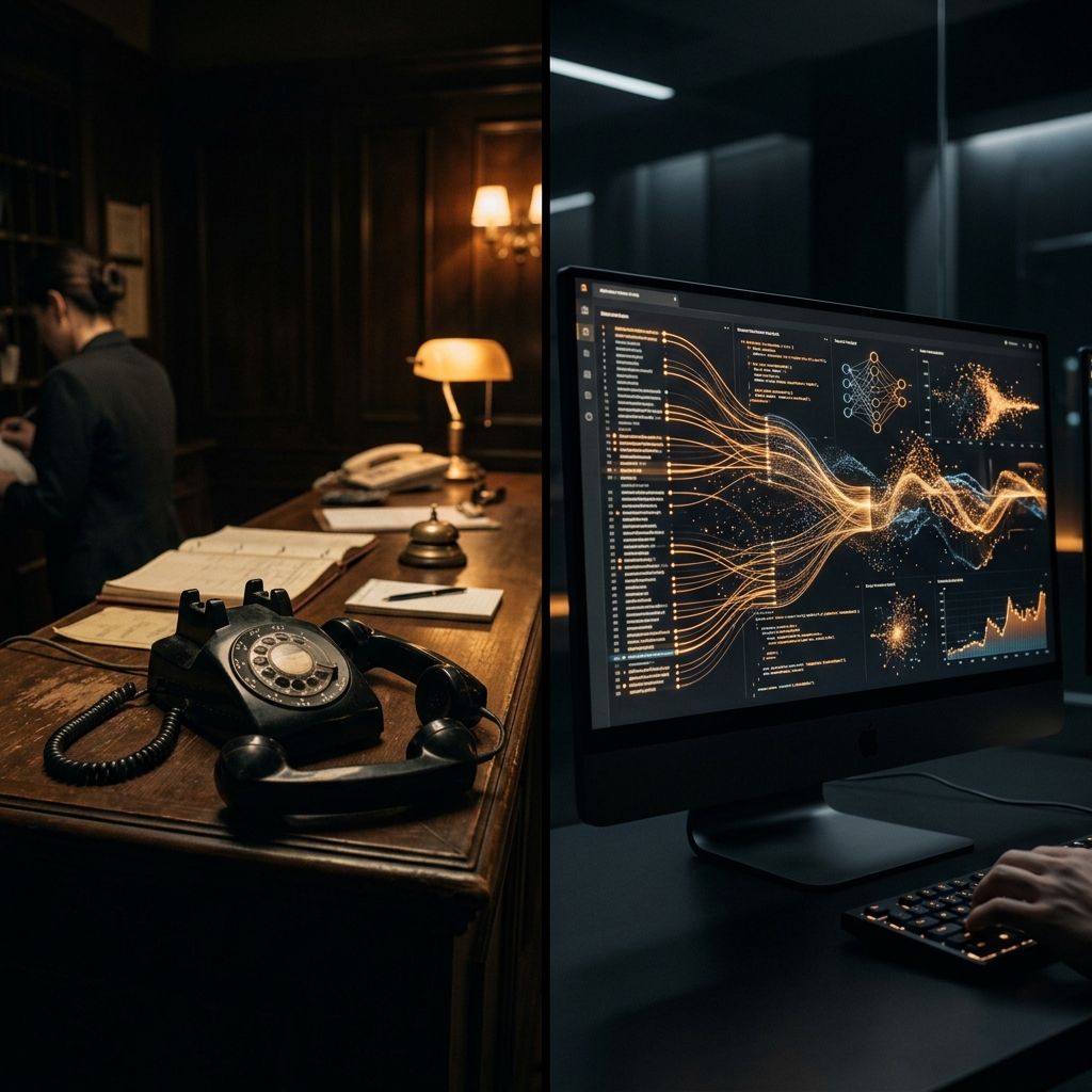 Split comparison between traditional receptionist service and AI system , phone desk vs data-driven operations center