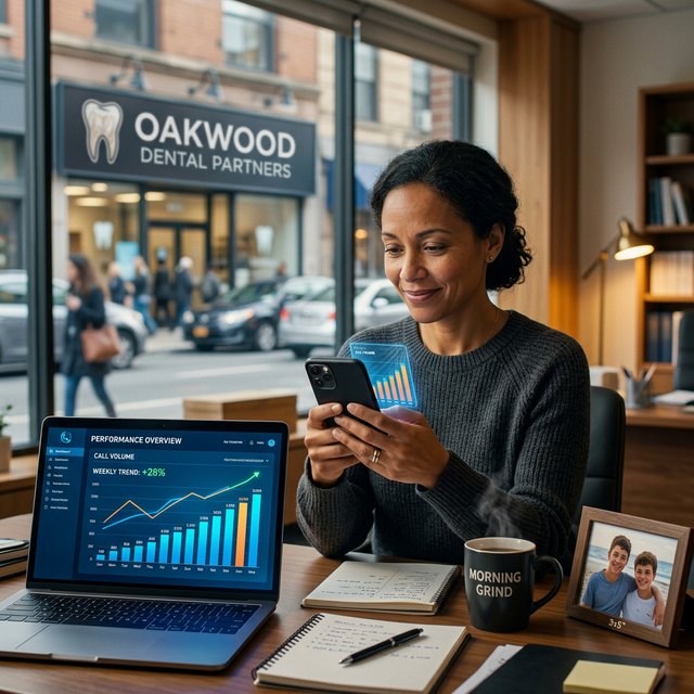 Small business owner reviewing call analytics dashboard showing upward weekly trend while sitting at her desk in front of her dental practice storefront