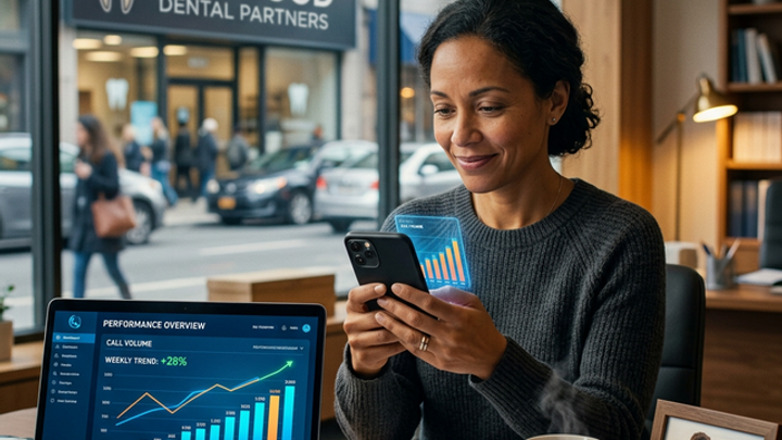 Small business owner reviewing call analytics dashboard showing upward weekly trend while sitting at her desk in front of her dental practice storefront