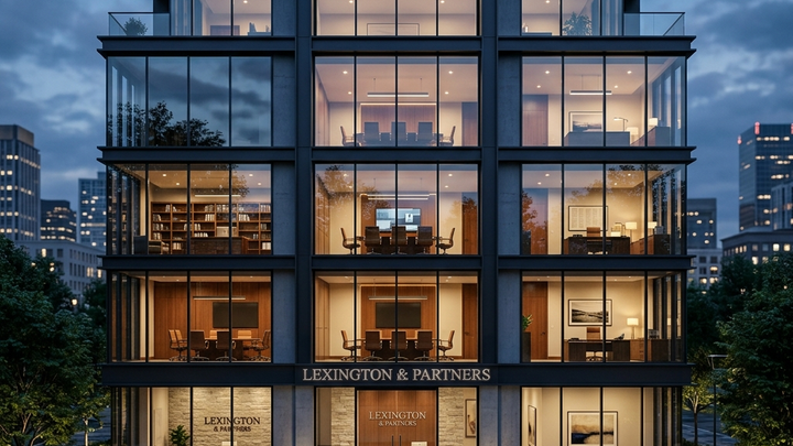 Law firm reception area at dusk. Intake happens before clients walk through the door.