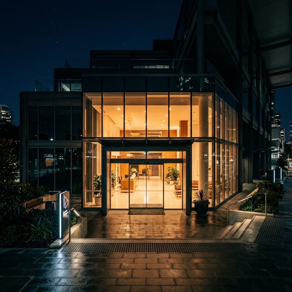 Modern commercial building entrance lit at night representing an AI front door system that never closes