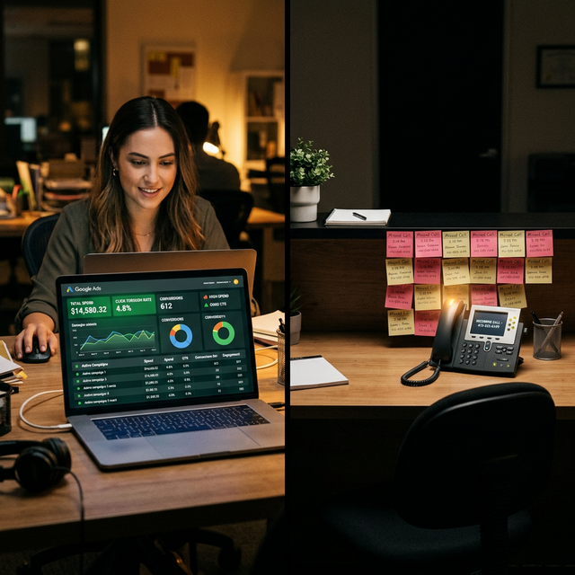 Split image showing a marketer reviewing a high-spend Google Ads dashboard on the left, while on the right an empty desk has a ringing phone and a wall covered in missed call sticky notes