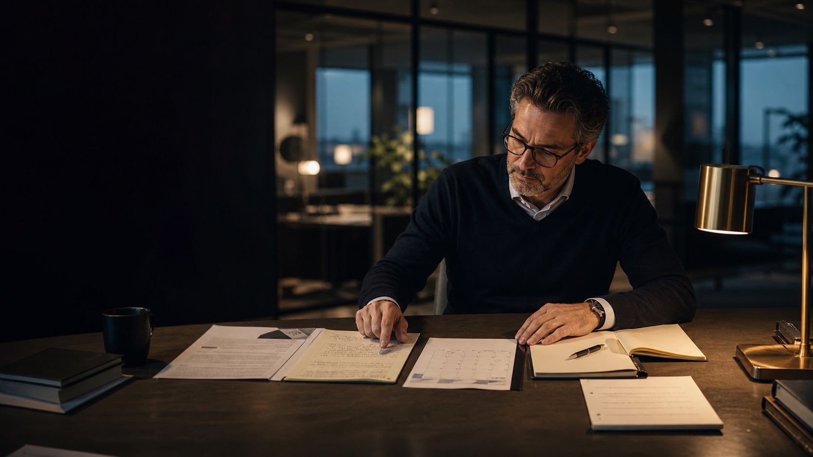An experienced professional firm leader traces a customer handoff across inquiry notes, a calendar, and follow-up records