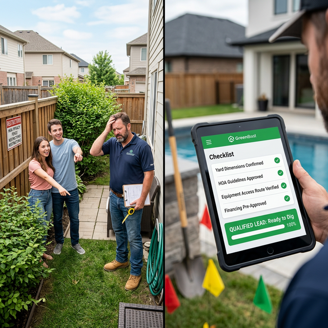 Split scene: A frustrated pool contractor in a tiny HOA-restricted suburban backyard with an excited couple pointing at unusable space. On the right, an AI qualification checklist flagging yard dimensions, HOA approval, equipment access, and financing as all confirmed green - Ready to Dig.