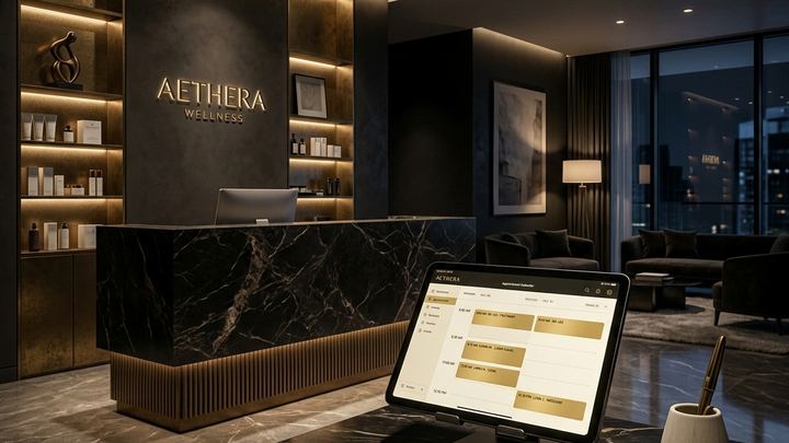 Cinematic dark editorial photograph of a premium medical spa reception desk at night