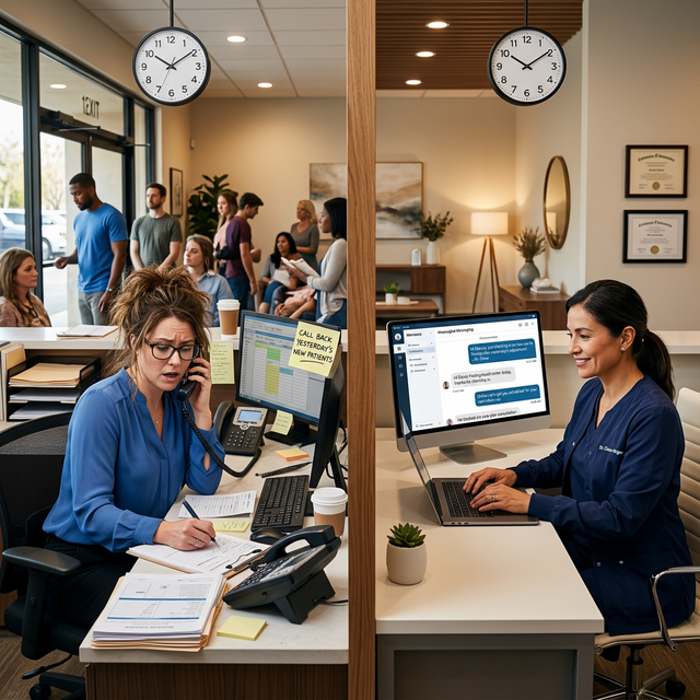 Split scene: A frantic chiropractic front desk with a "Call Back Yesterday's New Patients" sticky note that never gets actioned. On the right, a calm AI dashboard sending automated personalized Day-2 wellness check-ins that convert patients to care plans.