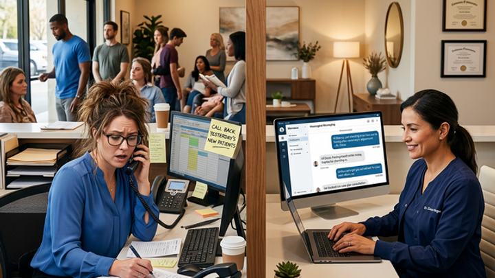 Split scene: A frantic chiropractic front desk with a "Call Back Yesterday's New Patients" sticky note that never gets actioned. On the right, a calm AI dashboard sending automated personalized Day-2 wellness check-ins that convert patients to care plans.