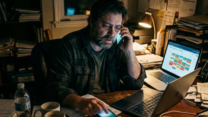 Exhausted service business founder at a cluttered desk late at night, phone to ear, laptop open with a packed calendar, invoices everywhere, looking trapped by the success of his own business.