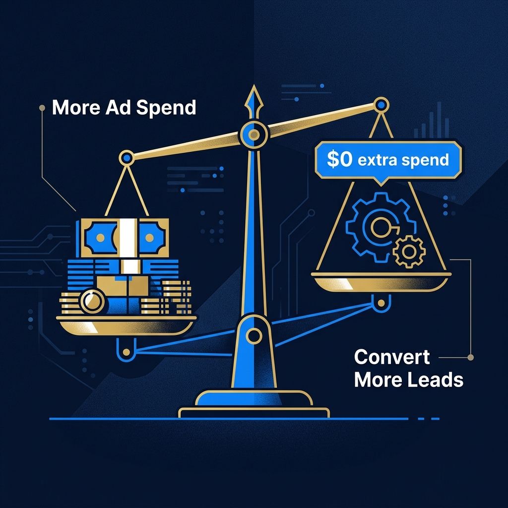 Balance scale showing More Ad Spend vs Convert More Leads with $0 extra spend badge