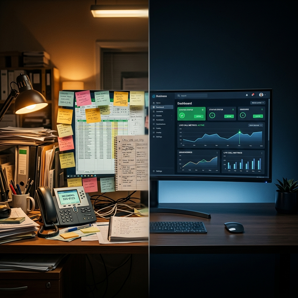 Split-screen comparison , chaotic cluttered business office on the left versus a clean AI-powered dashboard on the right , the before and after of an AI Business Operating System