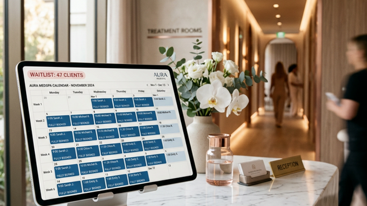 A medical spa reception desk with an iPad showing a fully booked calendar with a waitlist of 47 clients, treatment hallway visible in background