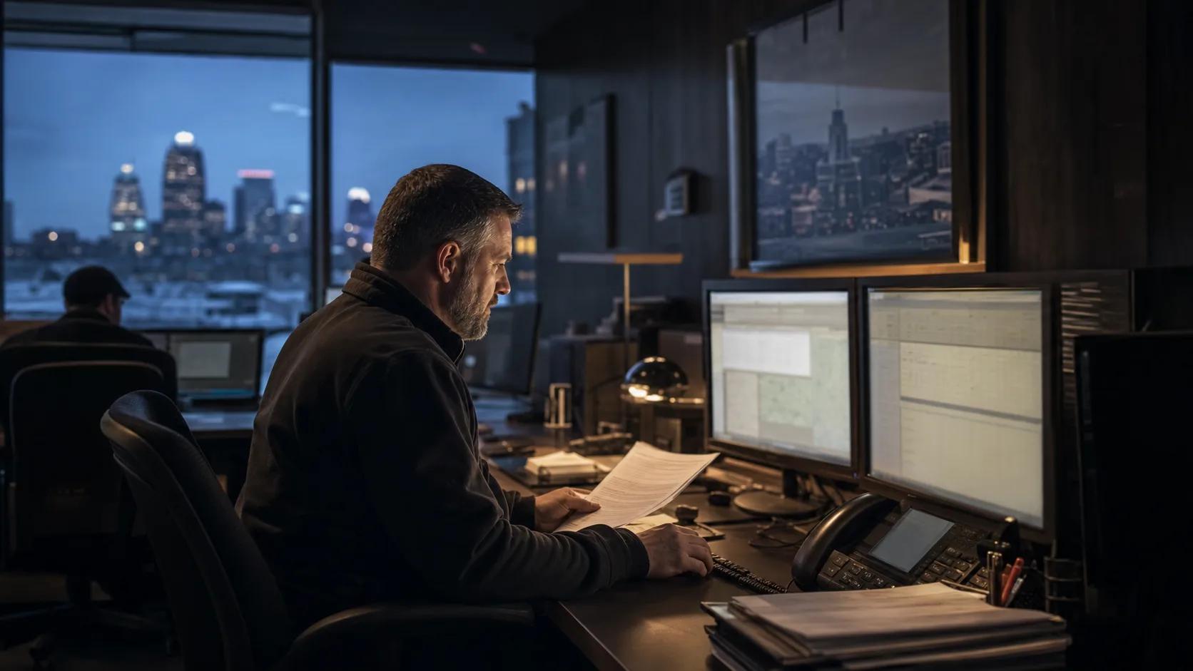 An Indianapolis HVAC dispatcher reviews a cold-weather customer brief and current technician availability